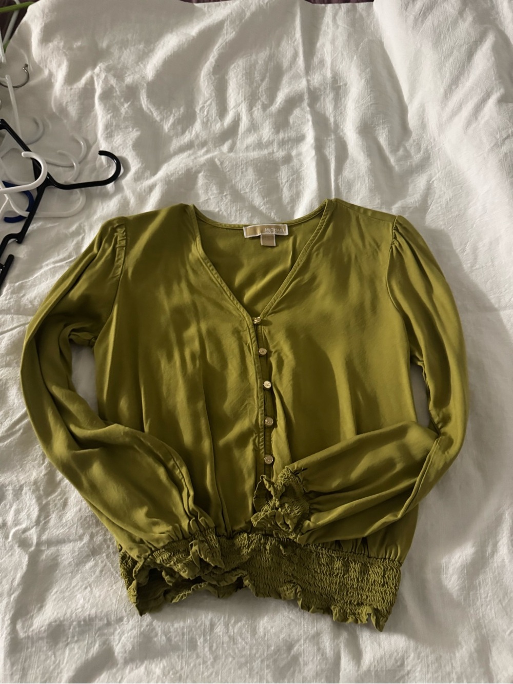 Michael Kors Olive Green V-Neck Button Blouse